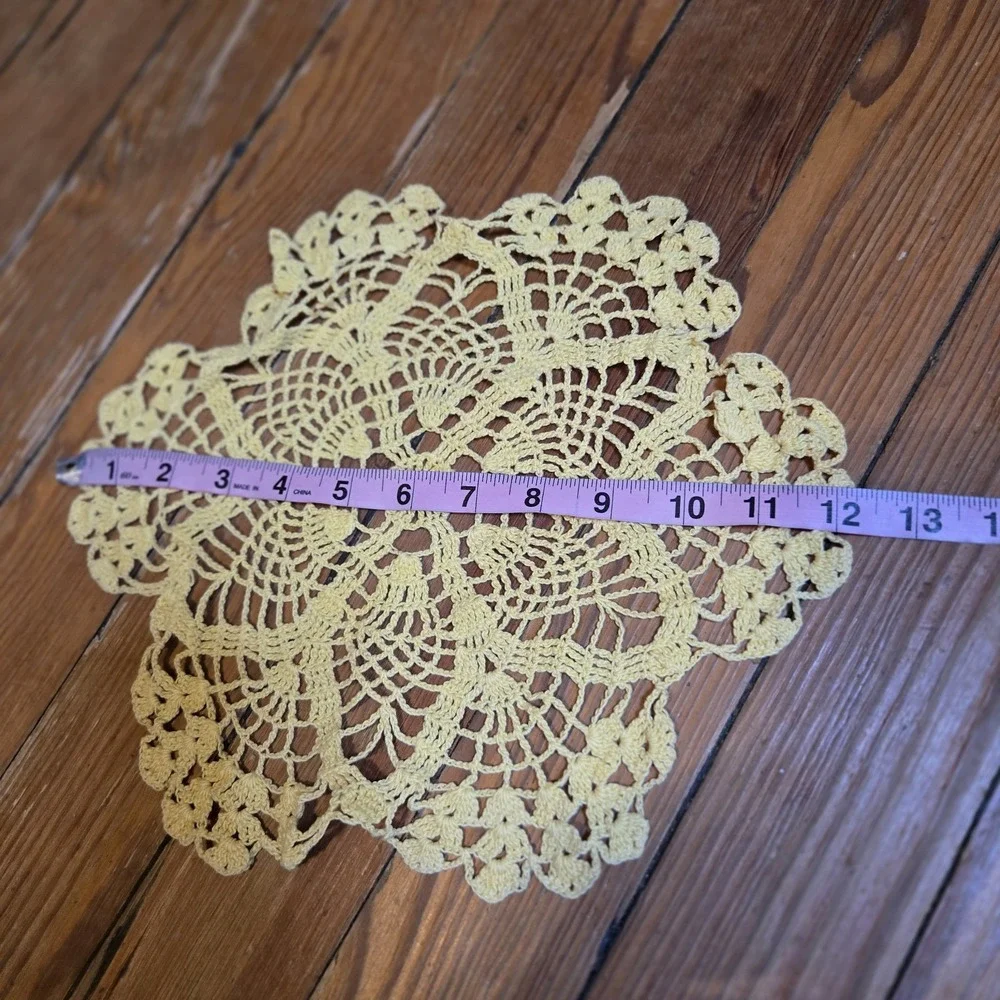 Handmade vintage Yellow crochet Table doily 12